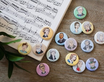 Composer Buttons // Gift for Musician // Teacher Gift // Piano Teacher // Classical Music // Button Pins // Magnets