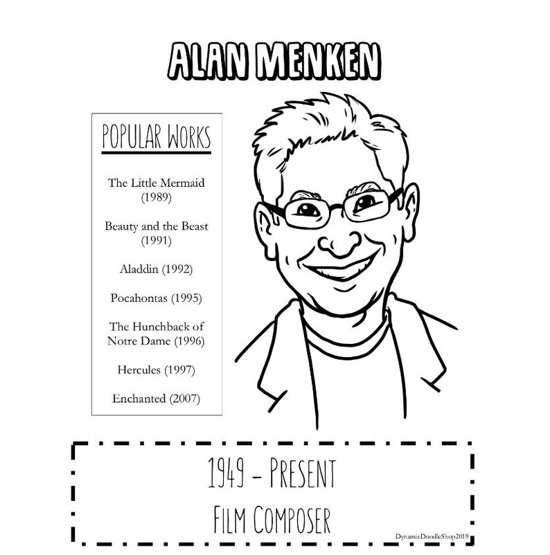 May include: A black and white illustration of film composer Alan Menken, wearing glasses and smiling. The image features a list of his popular works, such as "The Little Mermaid" and "Beauty and the Beast". The text reads "1949 - Present Film Composer".