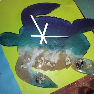 May include: A blue and green resin turtle clock with a white clock face and hands. The turtle is decorated with seashells and starfish.