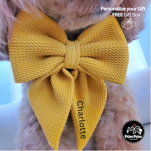 Mustard Dog Bow w/ Embroidery, Personalized Bullet Collar Bow, Dog Sailor Bow, Dog Bowtie, Bow for Dog Collar | Print or Embroidery Name
