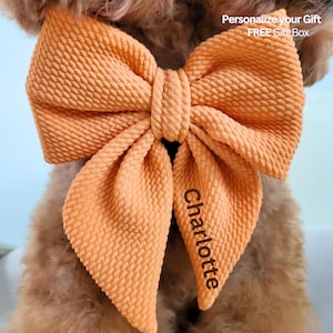 Peach Dog Bow w/ Embroidery, Personalized Bullet Collar Bow, Dog Sailor Bow, Dog Bowtie, Bow for Dog Collar | Print or Embroidery Name