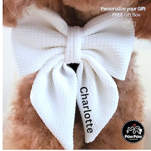Personalized White Dog Bowtie, Embroidered Collar Bow