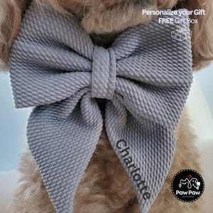 Gray Dog Bow w/ Embroidery, Personalized Bullet Collar Bow, Dog Sailor Bow, Dog Bowtie, Bow for Dog Collar | Print or Embroidery Name