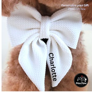 White Dog Bow w/ Embroidery, Personalized Bullet Collar Bow, Dog Sailor Bow, Dog Bowtie, Bow for Dog Collar | Print or Embroidery Name