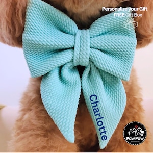 Aquamarine Dog Bow w/ Embroidery, Personalized Bullet Collar Bow, Dog Sailor Bow, Dog Bowtie, Bow for Dog Collar, Embroidery Name