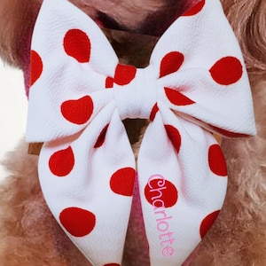 Red Polkadot Dog Bow w/ Embroidery, Personalized Bullet Collar Bow, Dog Sailor Bow, Dog Bowtie, Bow for Dog Collar | Embroidery Name