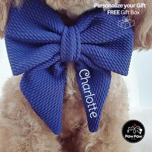 Deep Royal Dog Bow w/ Embroidery, Personalized Bullet Collar Bow, Dog Sailor Bow, Dog Bowtie, Bow for Dog Collar, Embroidered Name, Gift Box