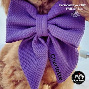Plum Dog Bow w/ Embroidery, Personalized Bullet Collar Bow, Dog Sailor Bow, Dog Bowtie, Bow for Dog Collar | Embroidery Name