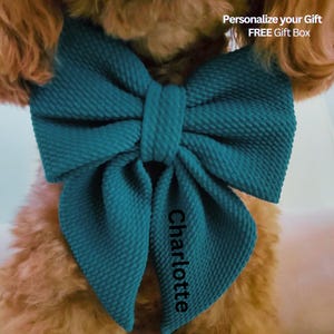 Teal Dog Bow w/ Embroidery, Personalized Bullet Collar Bow, Dog Sailor Bow, Dog Bowtie, Bow for Dog Collar | Print or Embroidery Name