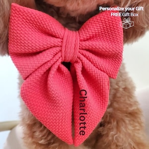 Coral Dog Bow w/ Embroidery, Personalized Bullet Collar Bow, Dog Sailor Bow, Dog Bowtie, Bow for Dog Collar | Print or Embroidery Name