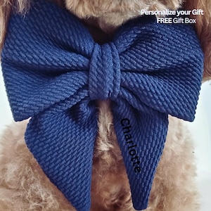 Navy Dog Bow w/ Embroidery, Personalized Bullet Collar Bow, Dog Sailor Bow, Dog Bowtie, Bow for Dog Collar | Print or Embroidery Name