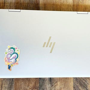 May include: A silver laptop computer with a sticker of a purple and blue dragon with green accents on the lid. The dragon is surrounded by pink, yellow, and green flowers. The HP logo is visible on the lid.