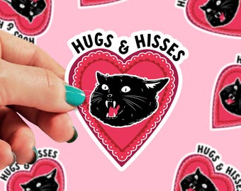 Hugs and Hisses Sticker | Black Cat Sticker | Black Cat Energy | Sticker for Laptop | Funny Sticker | Gift Sticker | Kindle Sticker | 0181G