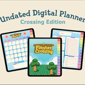 Könnte beinhalten: Ein digitaler Planer mit blau-weißem Design, der einen Kalender für März und einen Bereich für die tägliche Planung enthält. Der Planer hat ein "Planner Crossing"-Thema mit einem pixelartigen Baum- und Gras-Hintergrund.