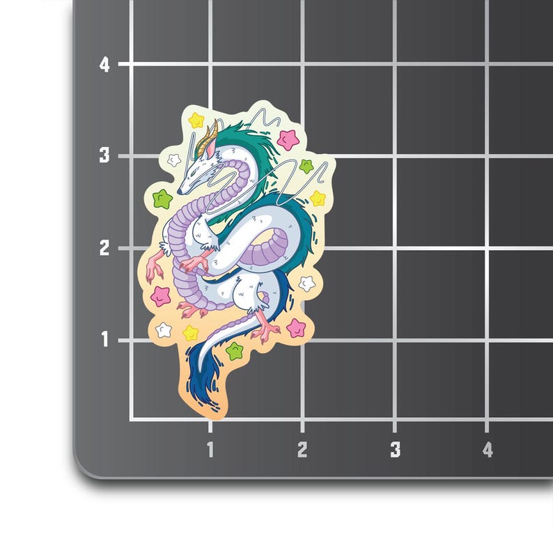 May include: A white and blue dragon with green accents and a purple tail, surrounded by colorful stars. The dragon is curled up in a spiral shape.