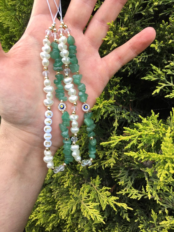 Aventurine Gemstone Crystal Beads Phone Charm, Personalized Phone Strap,  Evil Eye Beaded Phone Charm, Pearl Beaded Phone Chain,healing Gift 