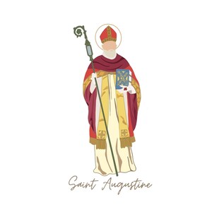 May include: Illustration of Saint Augustine, a Catholic saint, depicted in a traditional bishop's robe with a mitre, holding a book and a crosier. The text "Saint Augustine" is written below the image.