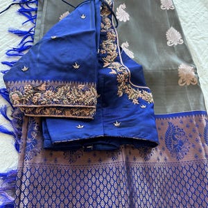Handloom kanchi silver grey silk saree with blue  motif border - embroidery zardosi  French knot  work blouse Free shipping