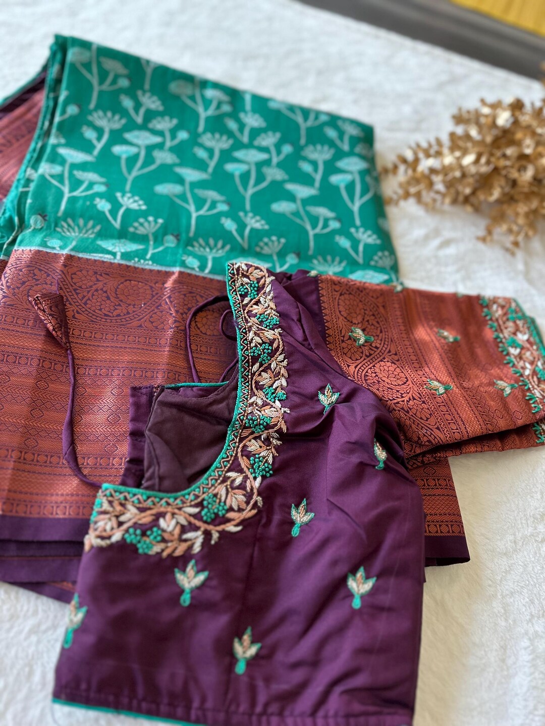 Green Semi Silk Saree with Hand Work blouse combo main image 1