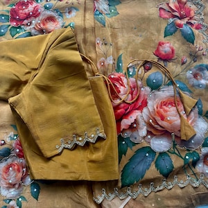 Mustard yellow  Floral georgette  saree with beads zardosi border work  with stitched blouse - Free shipping