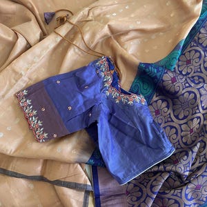 Cream ivory soft kanchi silk saree with gold border paired with contrast lilac  - embroidery zardosi work blouse-Free shipping from Dallas