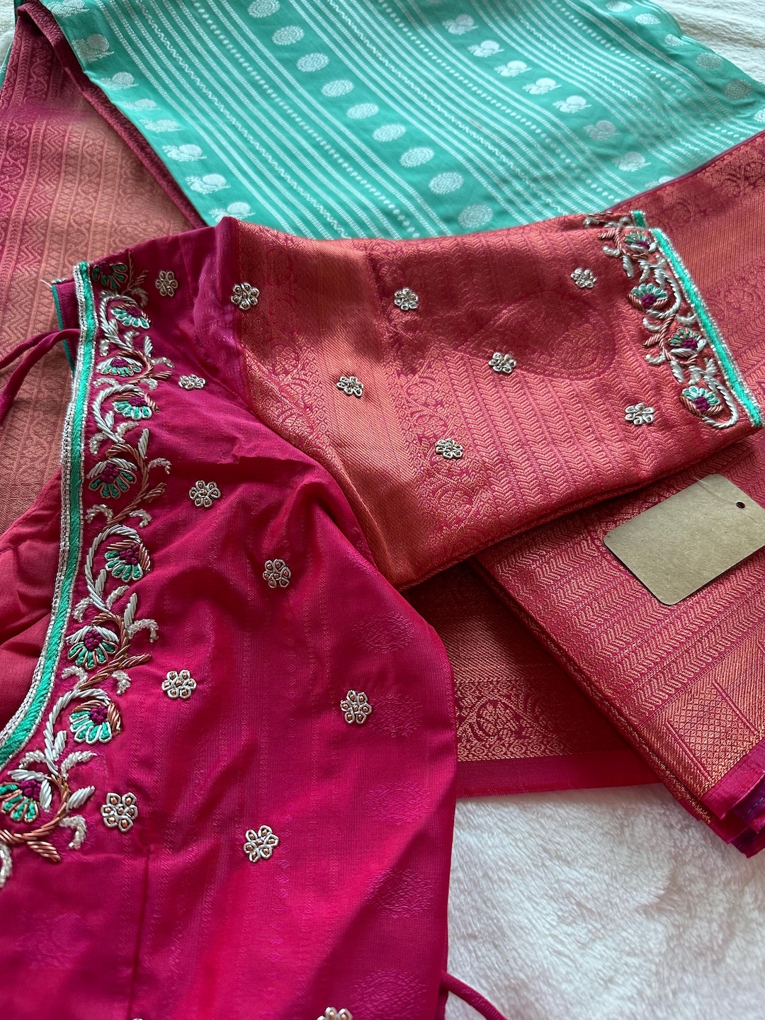 Handloom Kanchi Greenish Blue Kuppadam Semi Silk Saree With Pink Copper ...