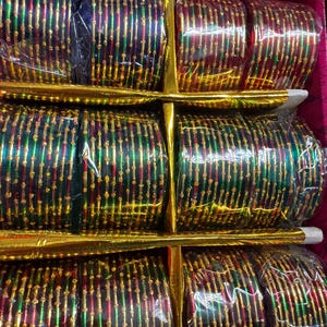 Red green gold  Indian Glass Bangles - valayal 12count, Size 2.8