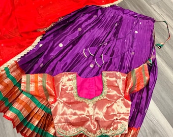 Purple  with red green gap border   Silk Lehenga with Zardosi brocade  pink Blouse: Traditional Half Saree, Laced Dupatta