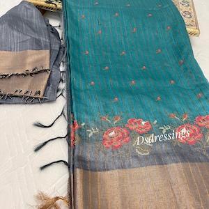 Tussar Saree Gray border Stitched Blouse Embroidery border Thread work Elbow Lenght Sleeve Indian Saree Stitched Blouse Lightweight Saree