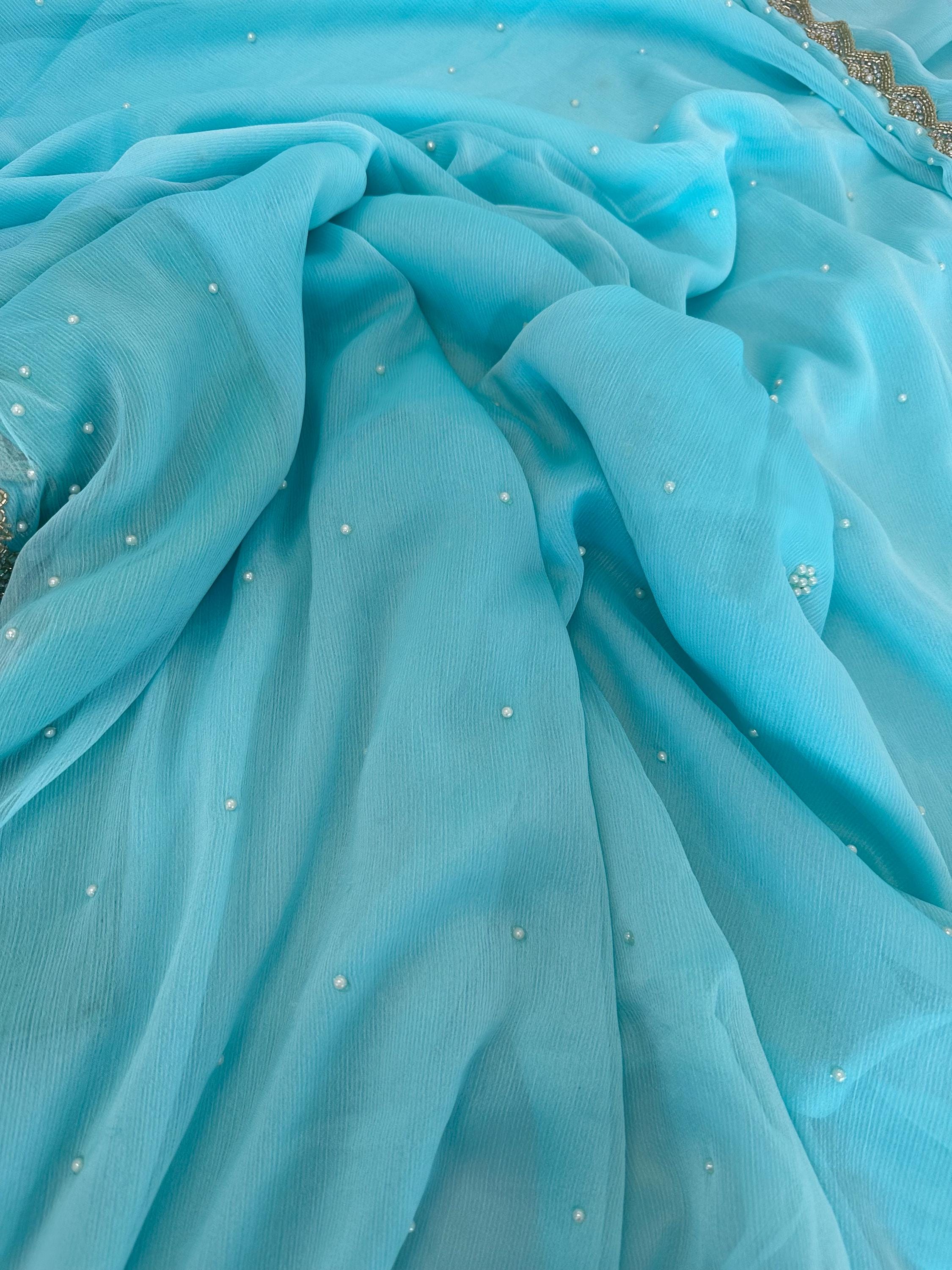 Vista Blue Crepe Georgette Silk Embroidered Designer Saree main image 1
