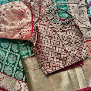 Green check pattern dupion banaras saree with maroon red kanchi border paired with r maroon red brocade sari work blouse   - FreeShipping