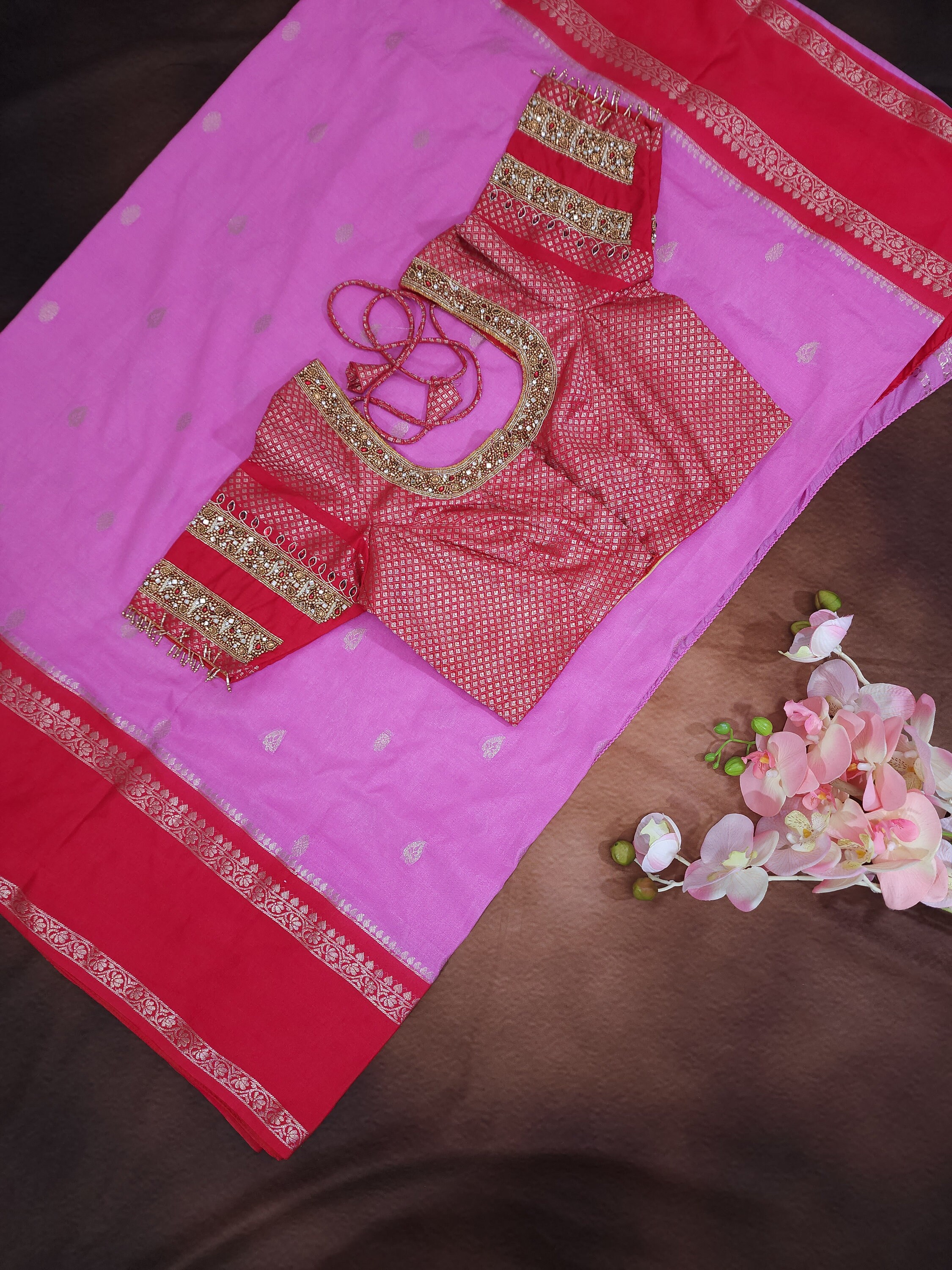 Pink Linen Tussar Silk With Red Double Gap Order Freeshipping With ...