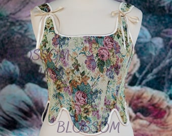 Vintage Embroidered Tapestry Corset, Renaissance Floral Lace-Up, Cotton Lined