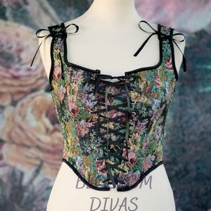 Gorset w kwiaty w stylu vintage, gorset w kwiaty w stylu gałęzi, renesansowy sznurowany przód, wąski średniowieczny gorset zwężający talię, pas wyszczuplający