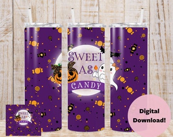 May include: A purple Halloween-themed tumbler with a white straw. The design features a full moon, a jack-o'-lantern, a ghost, and candy. The text "Sweet as Candy" is displayed on the tumbler. The words "Digital Download!" are also visible.