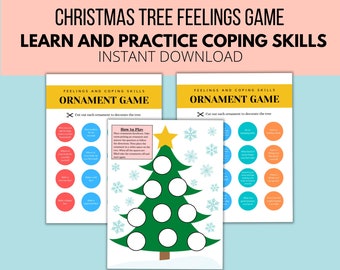 May include: A printable Christmas Tree Feelings Game with the text "Learn and Practice Coping Skills." The game includes a green Christmas tree with white circles for ornaments, and instructions. The game is a downloadable PDF.
