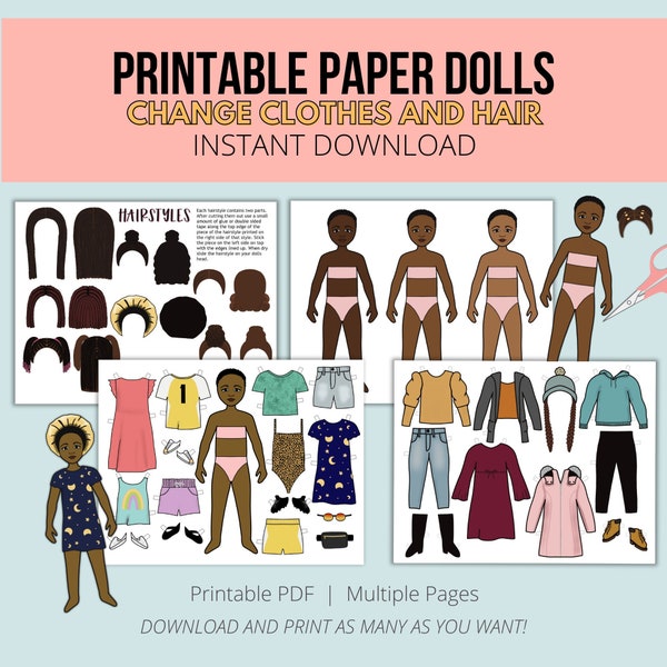 Paper Dolls Printable Craft, Natural Hair Doll, Black Girl Activity, Birthday Party Activity, African American Toys, Homeschool Resources