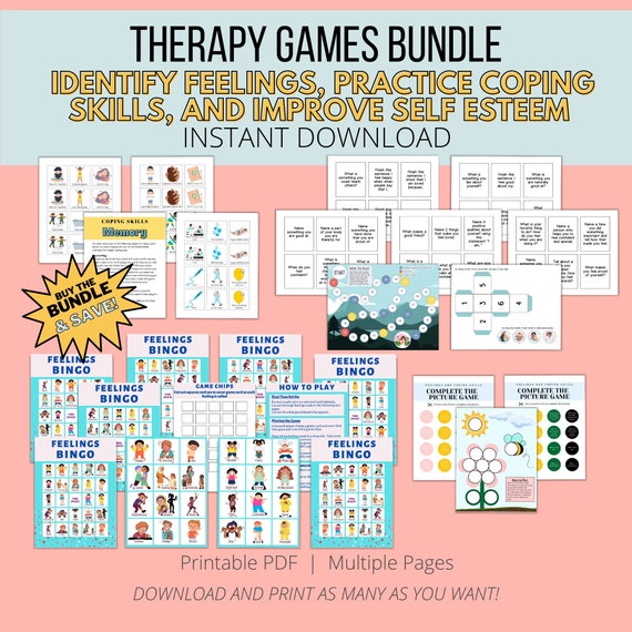 Mental Health Therapy Games Bundle: Feelings, Coping Skills, Self Esteem (PDF)