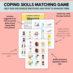 以下が含まれることがあります： 子供向けの印刷可能な対処スキルマッチングゲーム。ゲームには、シャボン玉を吹いたり、ぬいぐるみを抱きしめたり、深呼吸をしたりするなど、さまざまな対処スキルに取り組む子供たちのカラフルなイラストが描かれています。このゲームは、子供が感情を認識し、感情の管理方法を学ぶのに役立ちます。