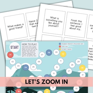 May include: A colorful game board with a mountain scene and the words "Let's Zoom In". The game board has 33 spaces numbered 1 to 33. The game board is designed for a game where players answer prompts on cards and move their game pieces around the board.