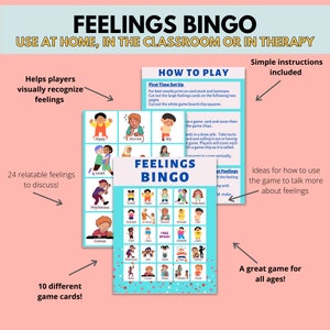以下が含まれることがあります： カードに24種類の感情が描かれた感情ビンゴゲーム。ゲームには遊び方と、感情について話すためにゲームを使うためのアイデアが含まれています。