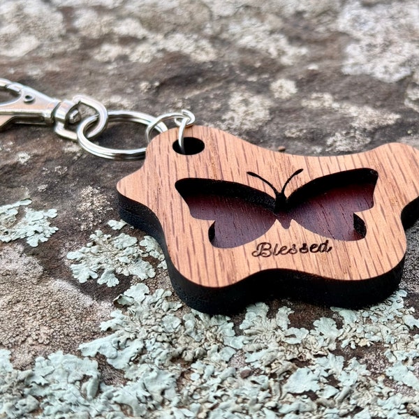 Laser Cut | Solid Wood Key Chain | Butterfly | 2.75" x 2" x .25" | Solid Oak and Mahogany | Key Chain | Wood Key Fob