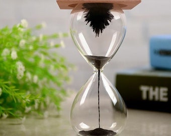 Engraved Magnetic Hourglass: Black Sand, Wood Base, Desk Decor