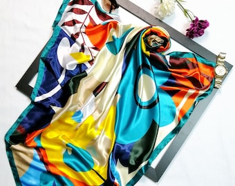 Good qualities ladies silk scarves in wine, green and blue, floral dress up neck and head silk scarf, hair scarf, gift idea for her