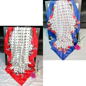 Accessories dress up ladies silk scarves in red and blue, polka dots silk scarves, neck scarves, head scarves, hair scarf, gift idea for her
