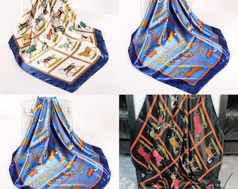 Ladies dress up silk accessories scarves in black, blue and white, neck silk scarves, head silk scarves, horses scarves, gift ideas for her