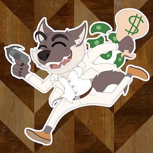 May include: A cartoon wolf wearing a white suit and holding a gun and a bag of money. The wolf is running and smiling.
