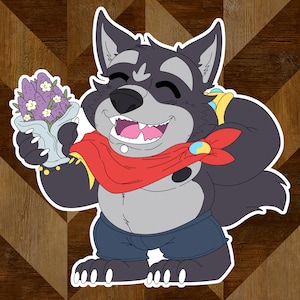 Puede incluir: Un lobo de dibujos animados con un pañuelo rojo y pantalones vaqueros azules sostiene un ramo de flores moradas. El lobo sonríe y tiene una expresión feliz en su rostro.