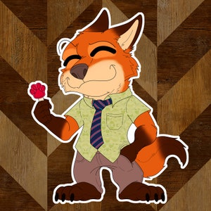 Peut inclure: Un renard de dessin animé portant une chemise à motifs verts et blancs avec une cravate rayée bleu et blanc, un pantalon marron et une empreinte de patte rouge sur un bâton. Le renard sourit et a une expression joyeuse.