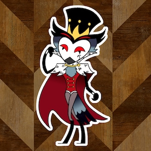 May include: A cartoon illustration of a bird wearing a red cape, a gold crown, and a black top hat. The bird has a white face with red eyes and a black beak. The bird is standing on a wooden background.